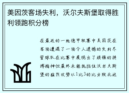 美因茨客场失利，沃尔夫斯堡取得胜利领跑积分榜